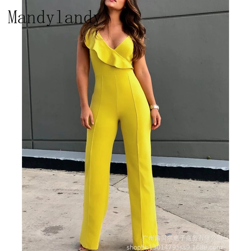 

Комбинезоны Mandylandy женские с V-образным вырезом, однотонные приталенные, с оборками и завышенной талией, без рукавов, лето