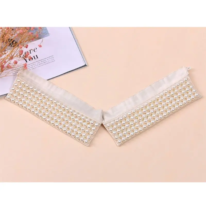 

Women Handmade Beading Faux Pearls Layers Bib Lapel Fake Collar Necklace Choker