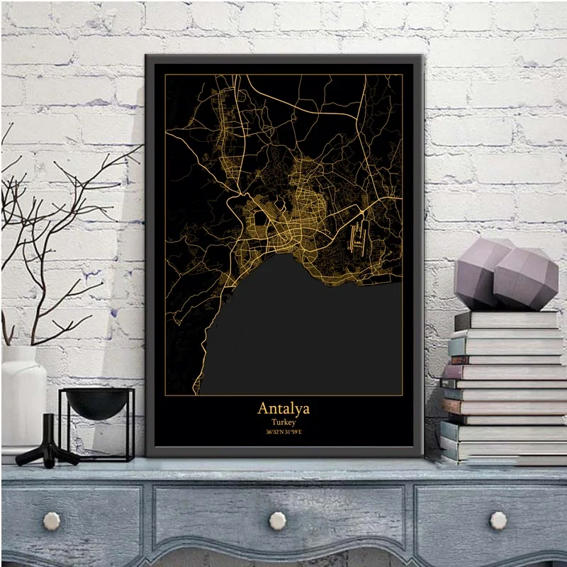 Antalya Турция черный и золотой город легкие карты индивидуальные карта городов