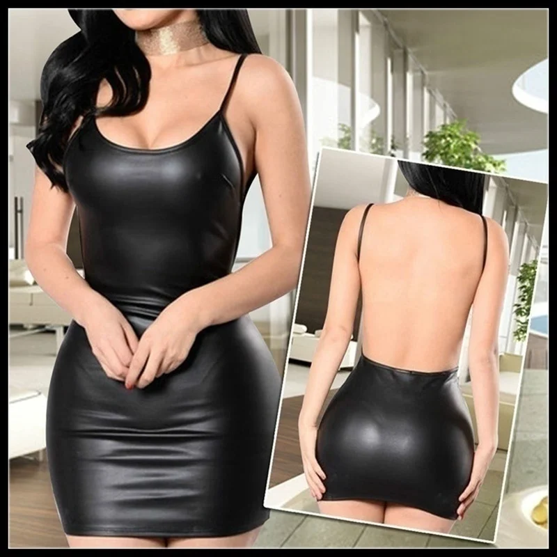 Женское платье из искусственной кожи с открытой спиной Клубная одежда Вечерние