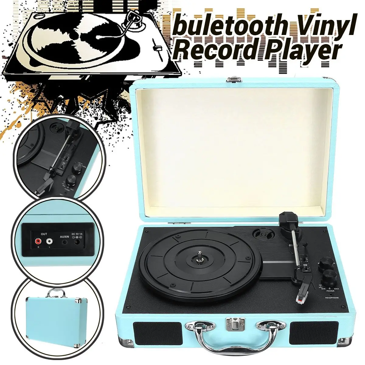 

Vinyl Turntable Record Player LP Disc 33/45/78 RPM Bluetooth Portable Gramophone Phonograph RCA R/L 3.5mm Aux Retro Antique