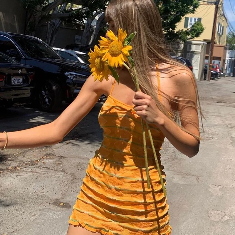 

2021 Spaghetti Strap Short Women Vintage Beach Dress Skinny Sundress Y2k Knitted Summer Dress Women Fashion Mini Dresses