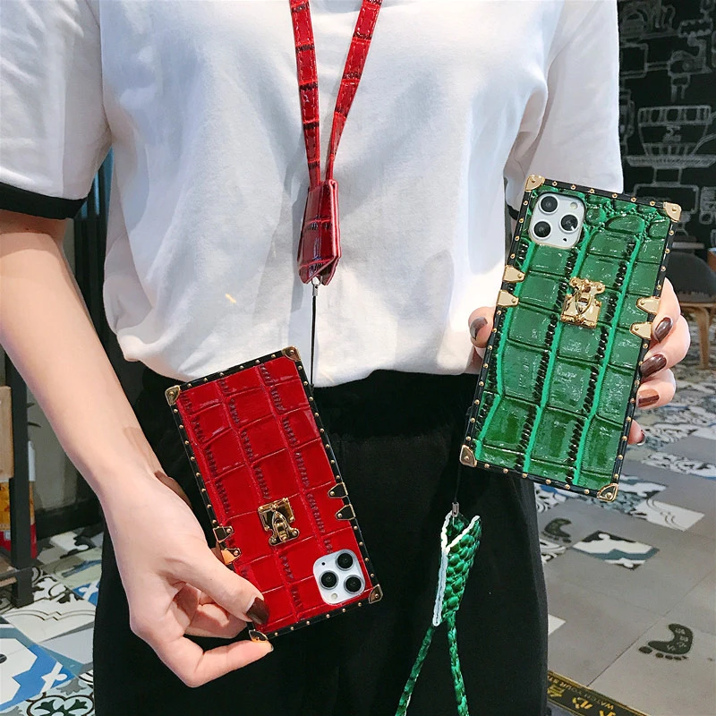 

Luxury European Alligator Square Lanyard Phone Case For iPhone SE 11Pro MAX XS MAX XR X 6 7 8 Plus Vintage Crocodile Skin Cover