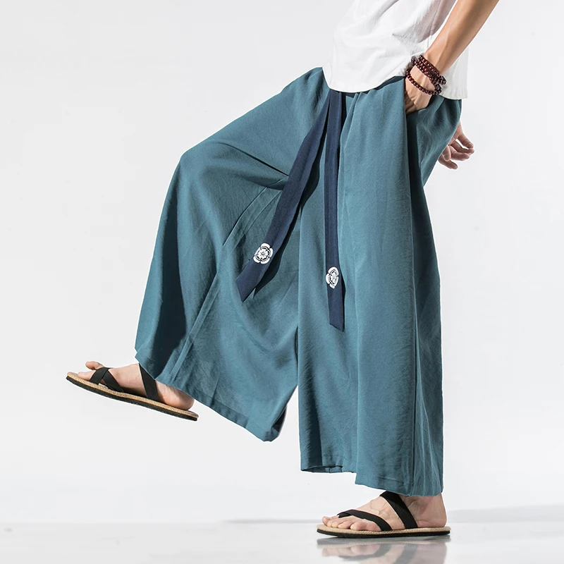 

2020 Men Wide Leg Pants Mens Cotton Joggers Retro Loose Trousers Man Chinese Style Linen Pants Male Big Crotch Nepal Robe Pants