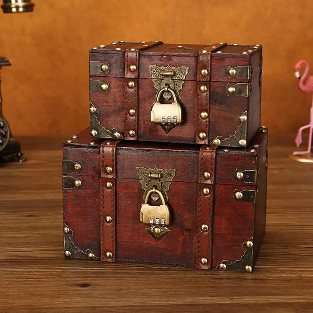 Vintage Treasure Chest Wooden Jewelry Trinket Storage Box Case Holder with Lock