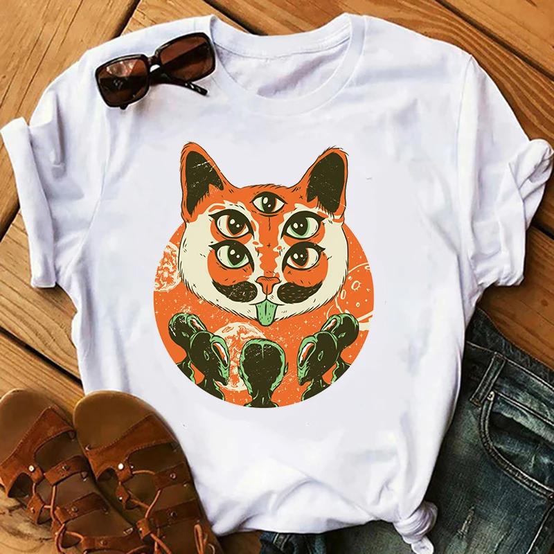 

watercolor cat Print Casual Harajuku Women T-Shirt Summer Short sleeve O-neck Cheap Tee Casual Clothes Top Female T shirts