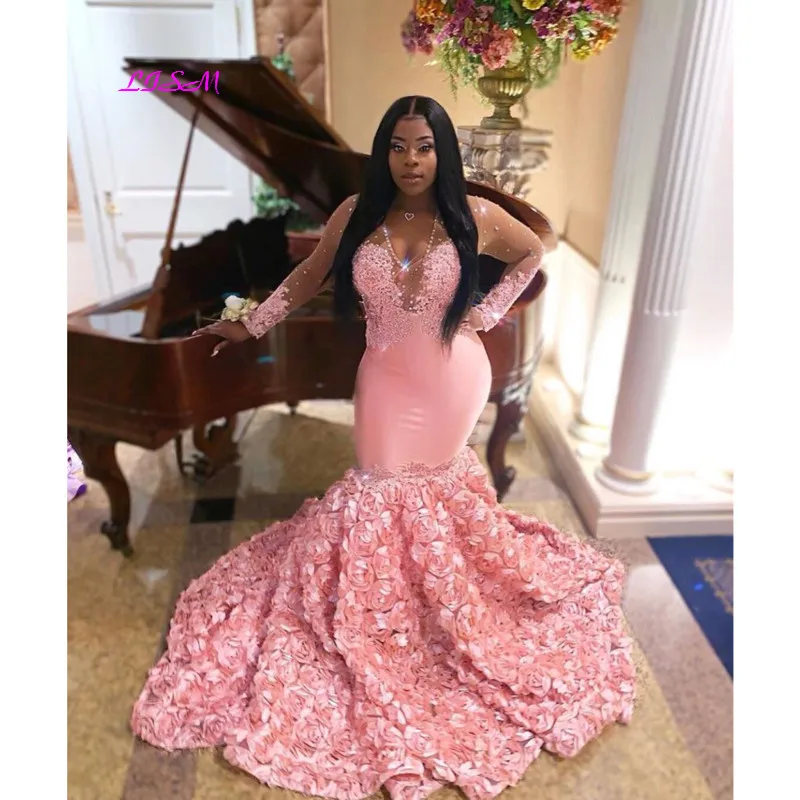 

Pink Prom Dresses 2020 Sexy V-Neck Sheer Long Sleeve Bead Lace 3D Flower African Black Girl Mermaid Prom Dress Long Formal Gowns