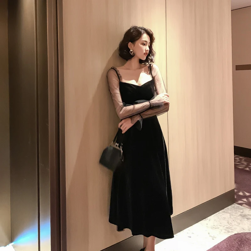 Осень-зима 2019 новое элегантное вечернее платье бархатные облегающие черные