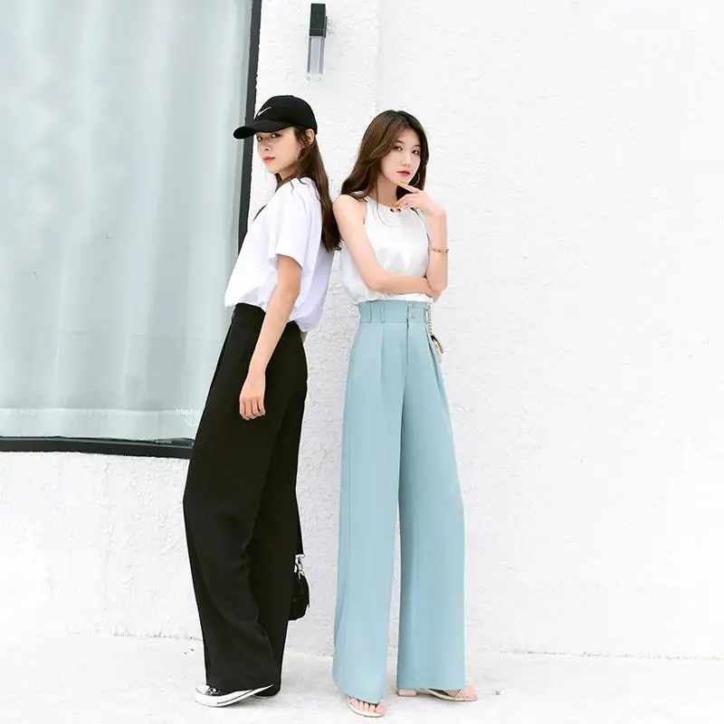 

Women 2021 Summer Fashion High-waist Wide-leg Pants Female New Solid Color Loose Pants Ladies Thin Casual Long Trousers E26