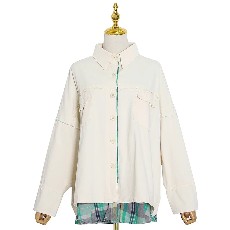 

New fashion lapel loose large size artistic plaid stitching contrast fake two-piece washed old coat