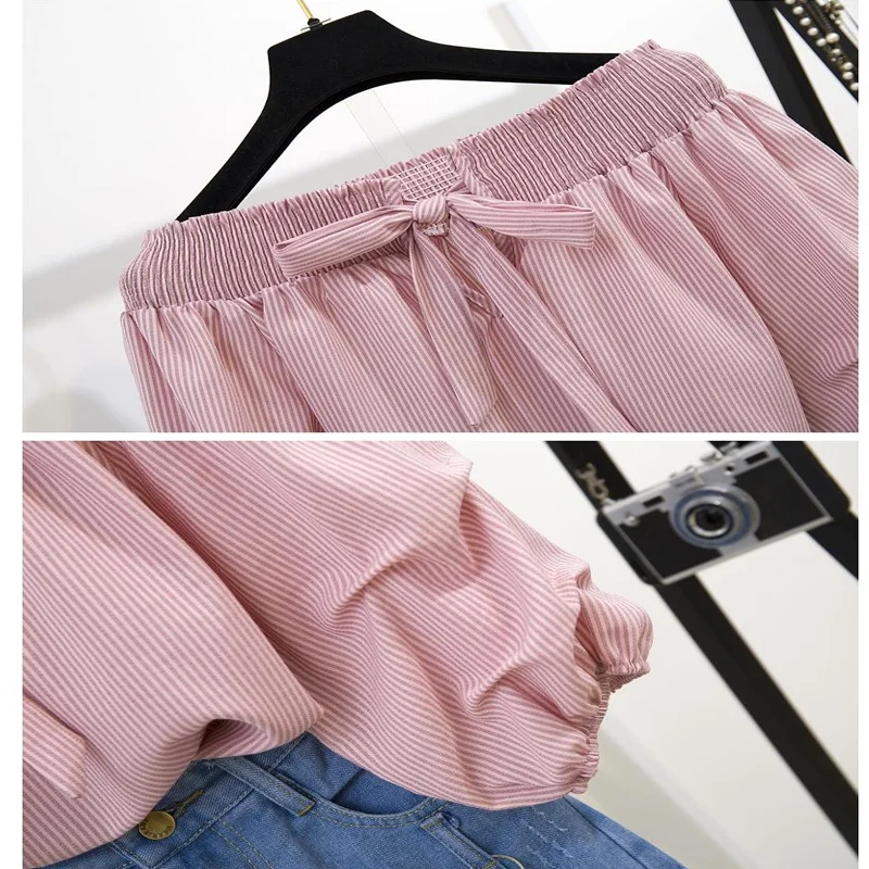 

ICHOIX Summer New Off Shoulder Loose Half Lantern Sleeve Solid Cute Blouse Jean Shorts Two-Piece Outfit Casual Sets