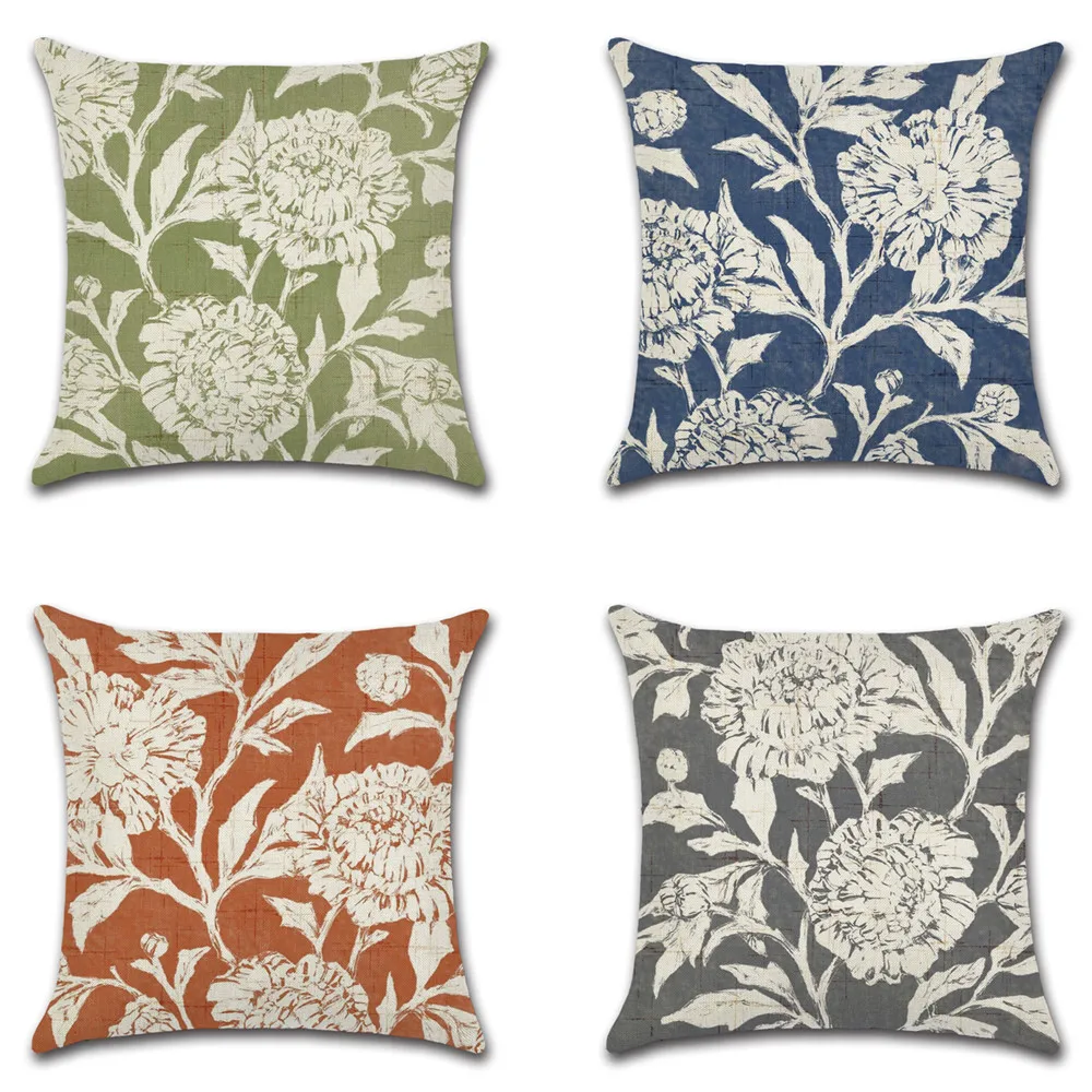 

Retro Plant Floral Cushion Cover For Sofa Home Decor Green Red Blue Gray Pillow Case Linen Spring Vintage Throw Pillow Covers
