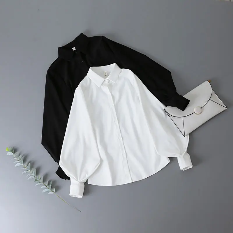 

Deeptown Lantern Sleeves Vintage Shirts Women Elegant White Womens Blouse with Lush Sleeves 2021 Fashion Button Up Shirt Black