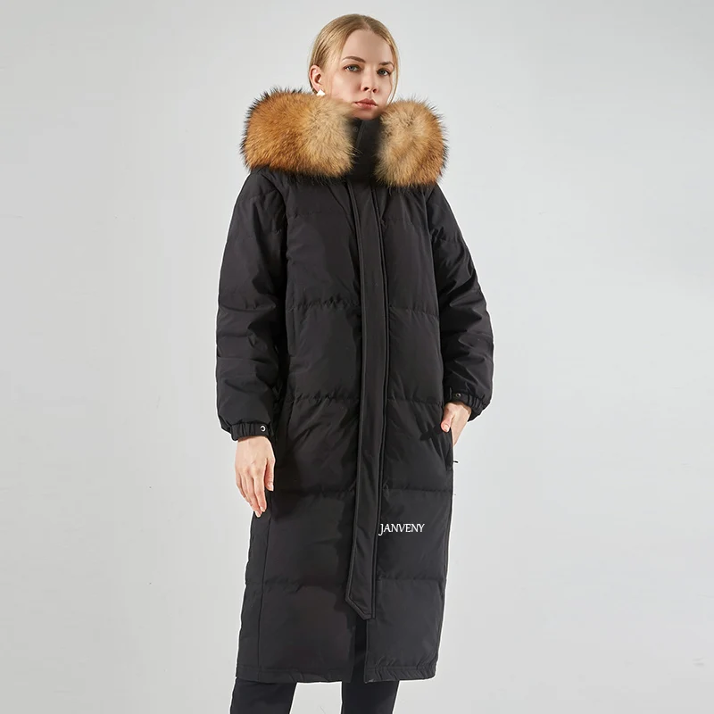 Large Real Raccoon Fox Fur Collar Down Jacket Women Winter Detachable Hooded Extremely Cold Thickened Over The Knee Puffer Coat