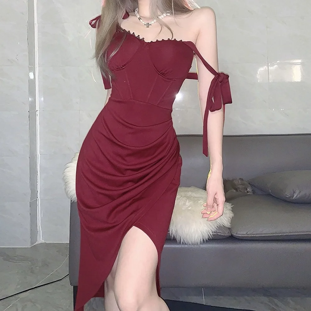 

Women Dress Solid Color Bow Lace Up Slip Dress One Word Collar Sexy Off Shoulder Low-cut Elegant Dress Slim Night Dress