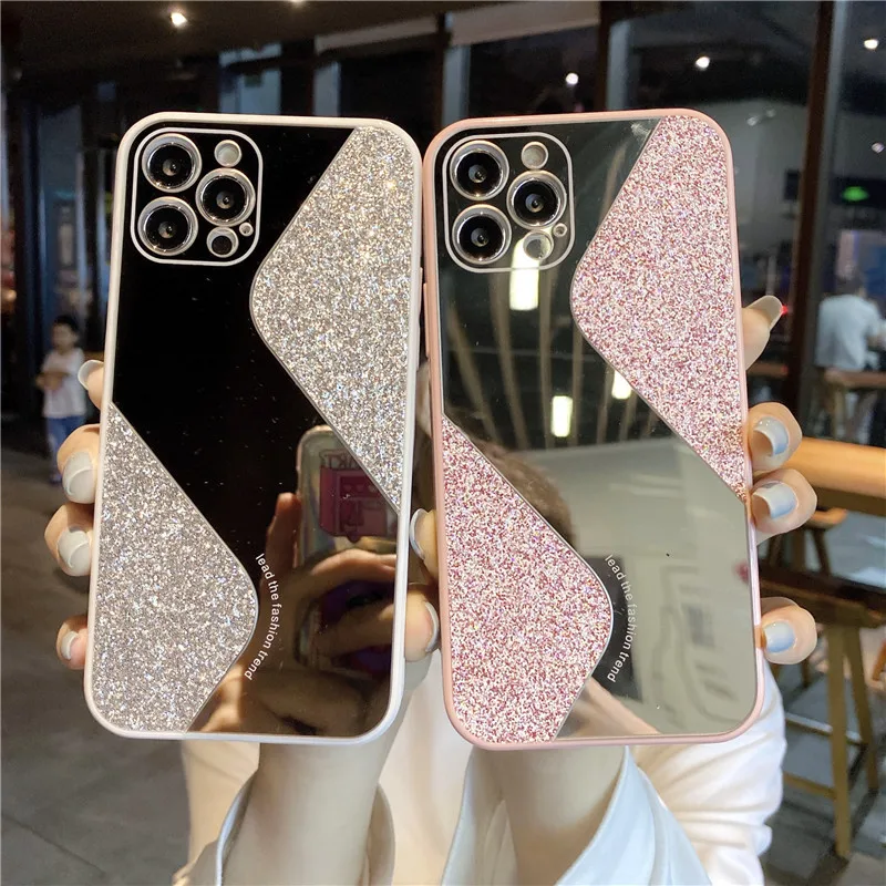 

Luxury Glitter Sequins Curved Mirror Phone Case For iPhone 11 12 Pro Max Mini X Xs XR 7 8 Plus SE 2020 Silicone Shockproof Cover