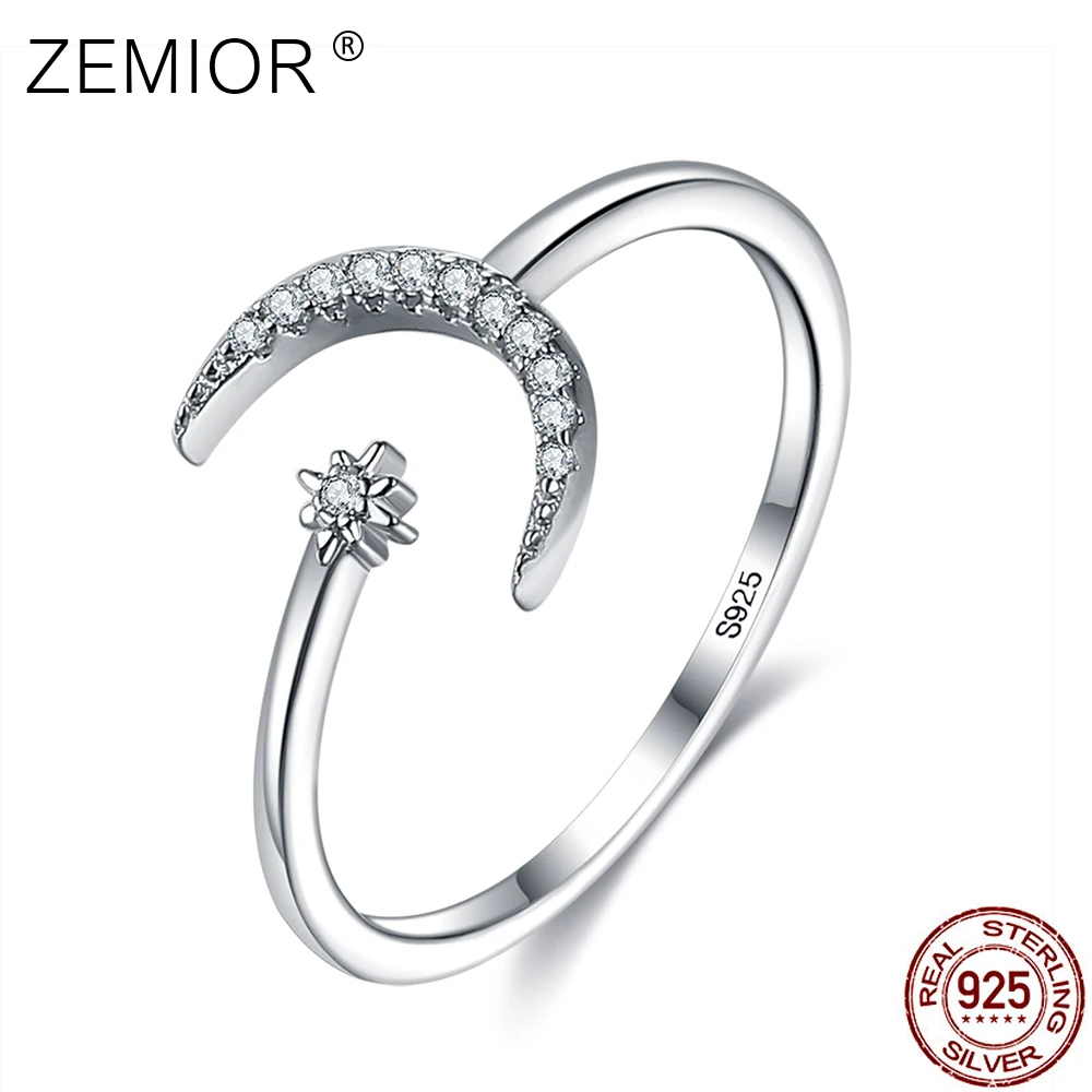 

ZEMIOR Authentic 925 Sterling Silver Simple Open Adjustable Finger Rings For Women 5A Clear Cubic Zirconia Fine Female Jewelry