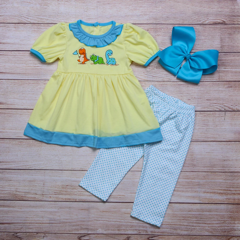 

2PCS Baby Girls Clothing Set Little Dinosaur Yellow Top Shirt + Blue Dot Leisure Sports Pants Hot Sale