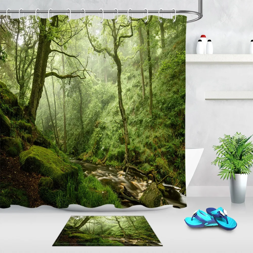 

Занавеска для душа с зеленым тропическим лесным деревом, s занавеска для ванной комнаты с ковриком, декоративная водонепроницаемая ткань дл...