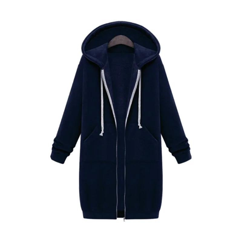 

2020 Autumn winter Fashion Women's Solid Color Pocket Zipper Mid Length Hooded Long Sleeve Coat Women's Leisure Winter Coat