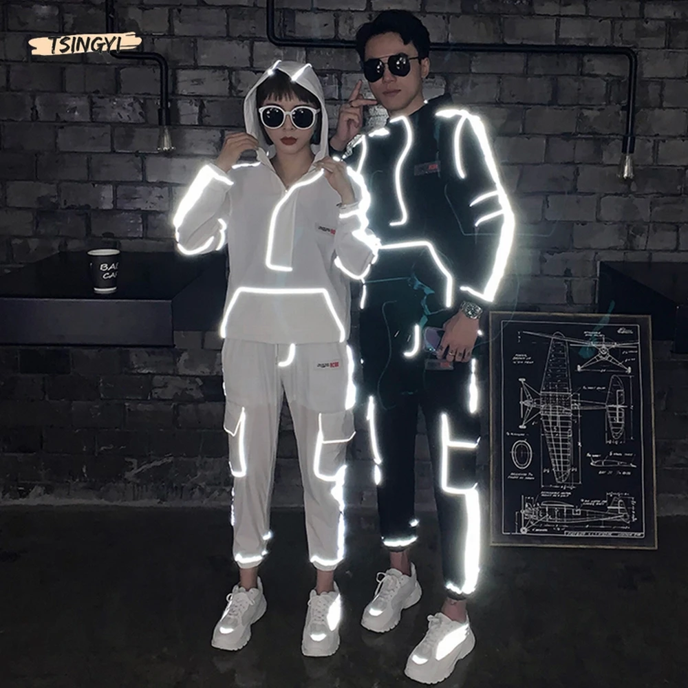 

Spring Reflective Jacket and Ankle-Length Pants Sets Multi-Pocket Hooded Coats Streetwear Hip Hop Men Women Harajuku Clothes