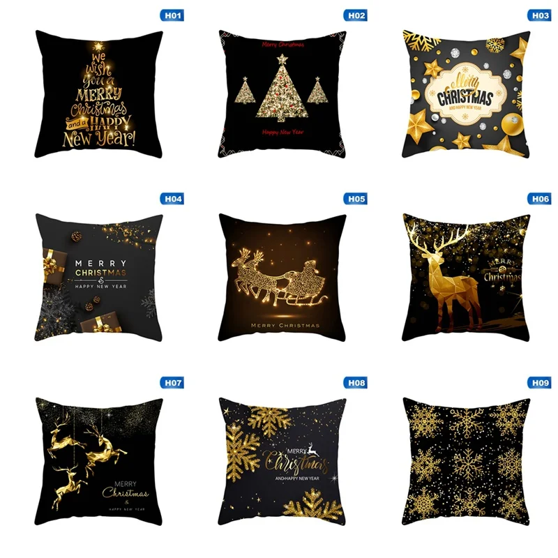 

45 x 45cm Christmas Throw Pillow Case Black Gold Christmas Trees Deer Snowflake Pattern Decortive Cushion Cover Sofa Pillowcase