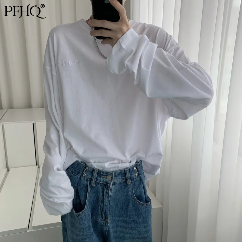 

PFHQ 2021 New Men's Fashion Loose Solid Color Cotton Korean Round Neck Casual Long sleeved T-shirt Autumn And Winter 21E4305