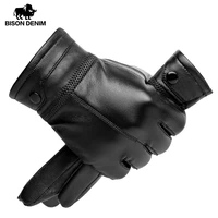bison denim mens sheepskin leather gloves black riveted warm mittens touch screen winter quality male warm fluff gloves s002