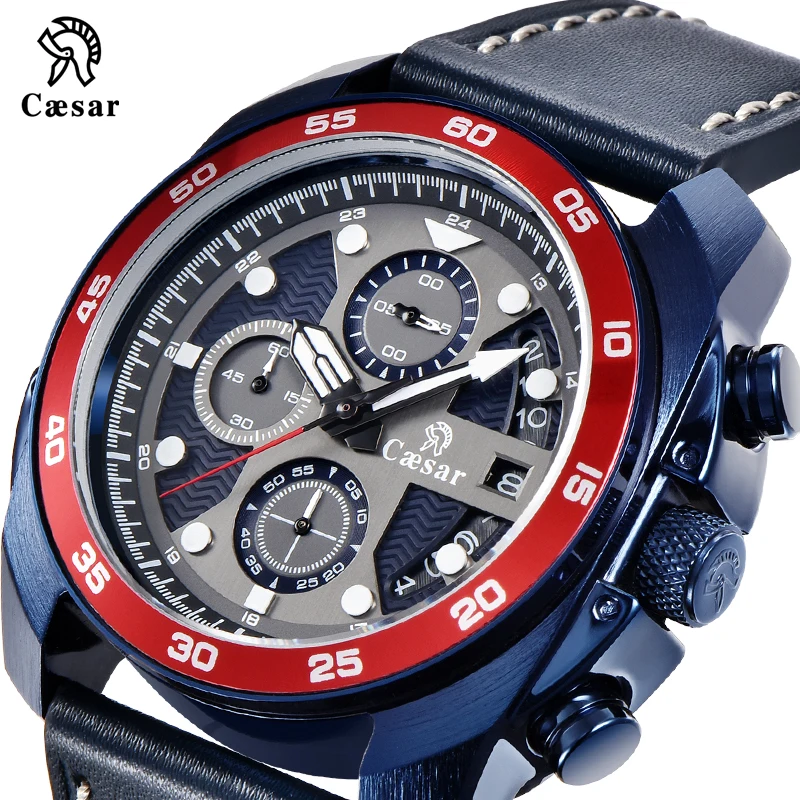 Розовое золото синий Цезарь военные кварцевые спортивные мужские хронограф