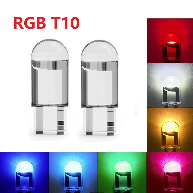 

10X 2021 Newest W5W Led T10 Car Light COB Glass RGB colorful Auto Automobiles License Plate Lamp Dome Read DRL Bulb Style 12V