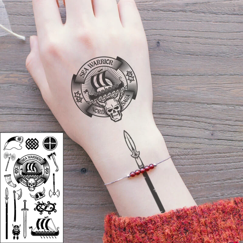 Водостойкая Временная тату-наклейка череп воин тотемный Дракон Ax меч письмо