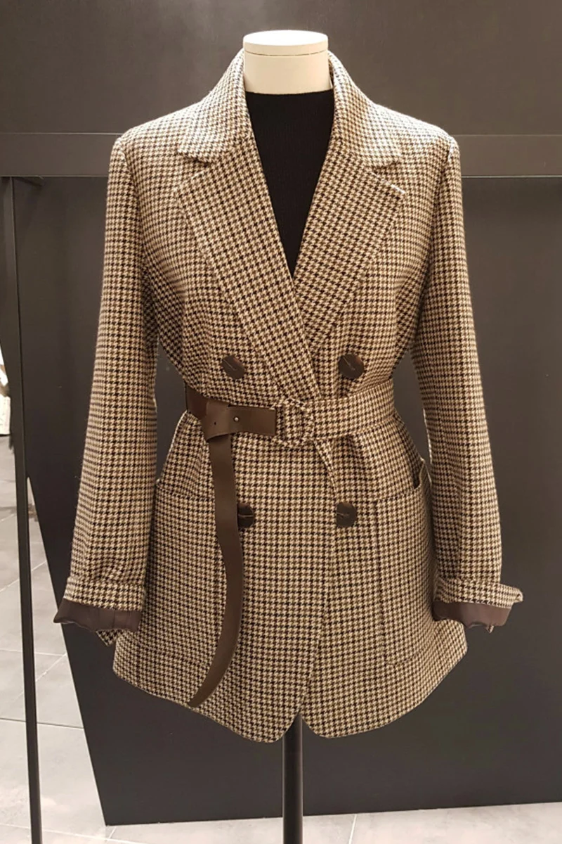 

2020 New Fashion Women Vintage Plaid Woolen Suit Jacket Slim Double-breasted Suit Blazer Coat with Belt Lady Overcoat Work Wear