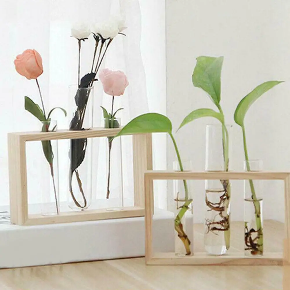 Прозрачная стеклянная тестовая ваза Террариум деревянная подставка Цветочные