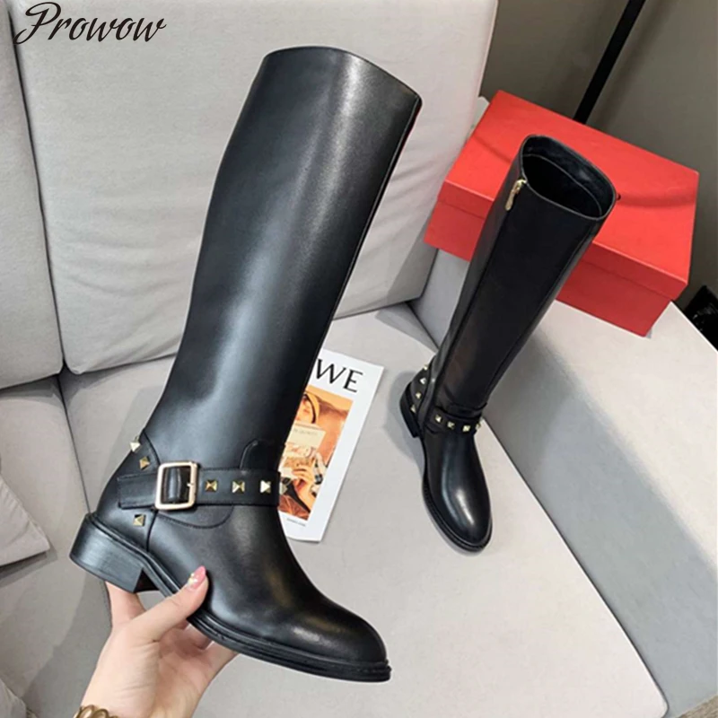 

Prowow Women Long Boots Fashion Rock Studed Women Knee High Boots Buckle Strap Women Martin Boots Mortorcycle Boots For
