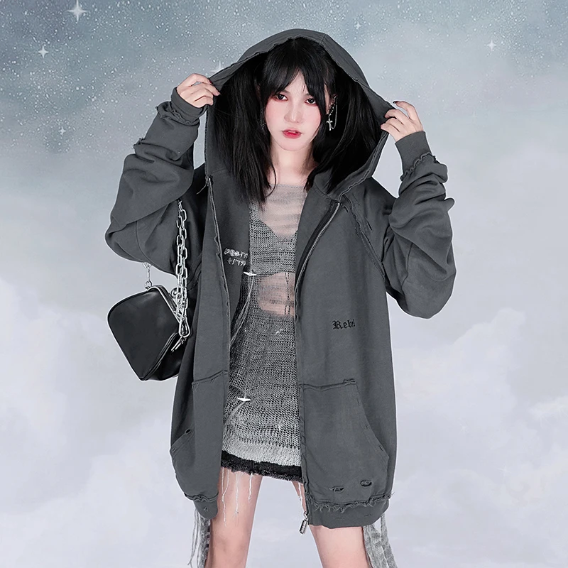 

SHENGPALAE Fashion Distressed Coat Women's Autumn 2021 New Hooded Solid Color Hole Loose Long Sleeve Zip-up Jacket Female Tide