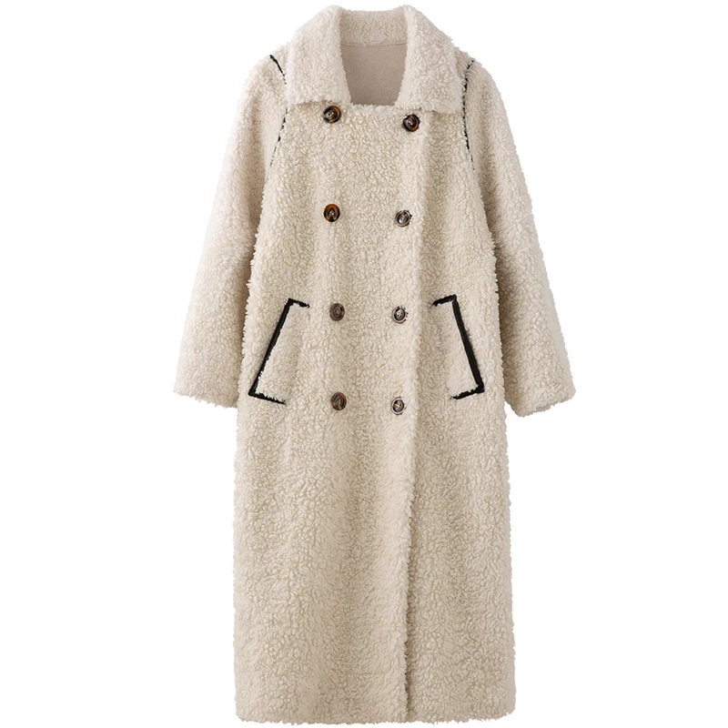 Женское шерстяное пальто длинное из натурального меха овечьей шерсти Осень-зима
