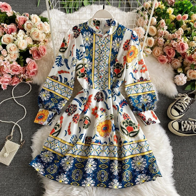 

Женское модельное платье с длинным рукавом, винтажное праздничное платье с принтом и высокой талией TB1336, весна-осень