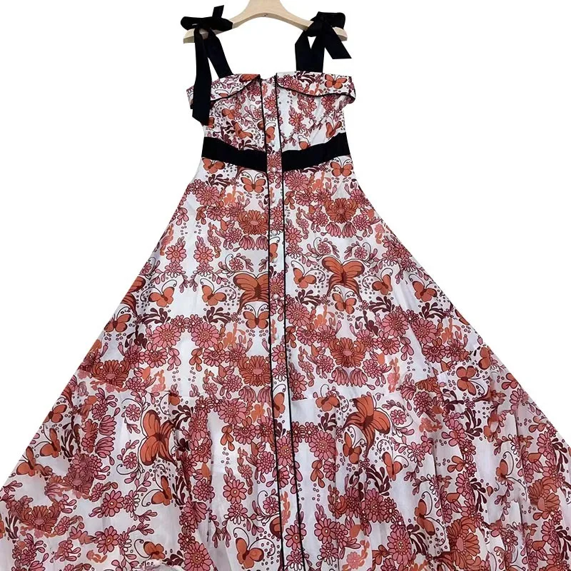 

Vintage Print Sling Dress For Women Square Collar Sleeveless High Waist Lace Up Bowknot Midi Dresses Female Fashion