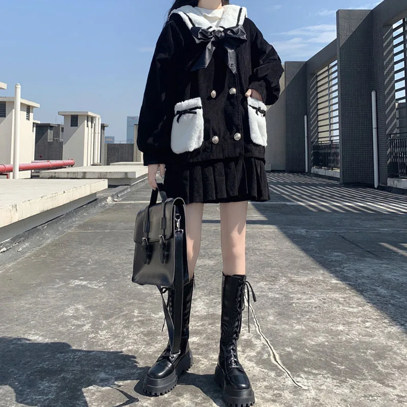 

Японский милый Зимний милый матросский воротник колледж морской воротник утолщенный теплый с длинным рукавом Свободные женские жакеты