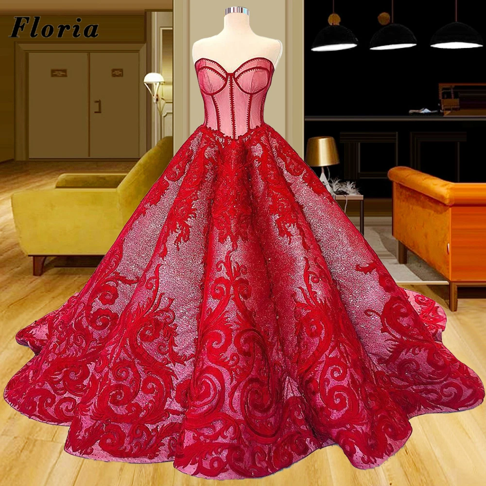 

Dubai Red Strapless Prom Dresses Robe De Soiree Evening Dress Middle East Puffy Celebrity Gowns 2021 Saudi Arabia Party Gowns