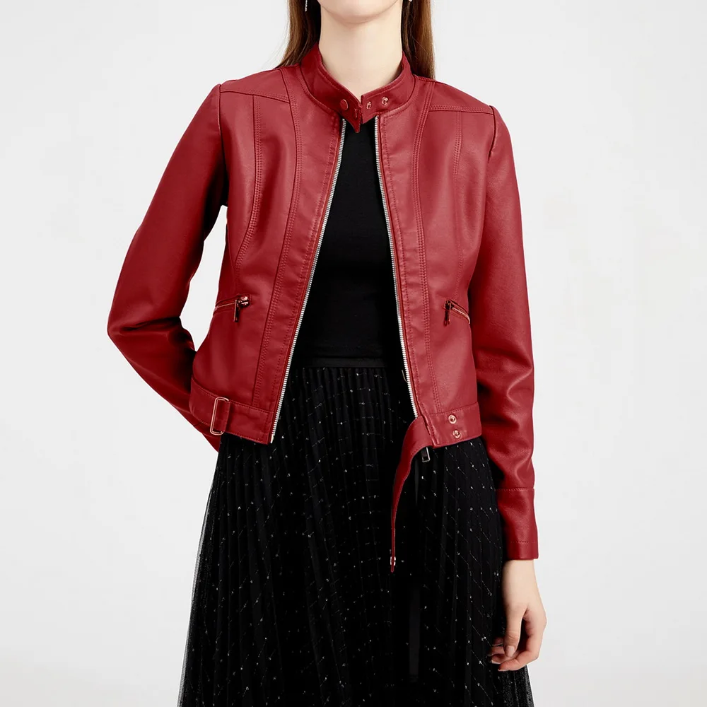 

2021 Autumn Sashes PU Faux Leather Jacket Women Zipper Slim Short Punk Biker Jackets Coat Female Outwear Tops Casacos Feminino