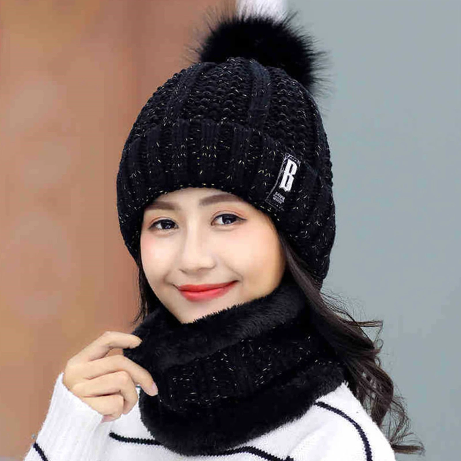 

Women Winter Outdoor Warm Knitted Hat Pompom Beanie Plush Cap Neckerchief Set