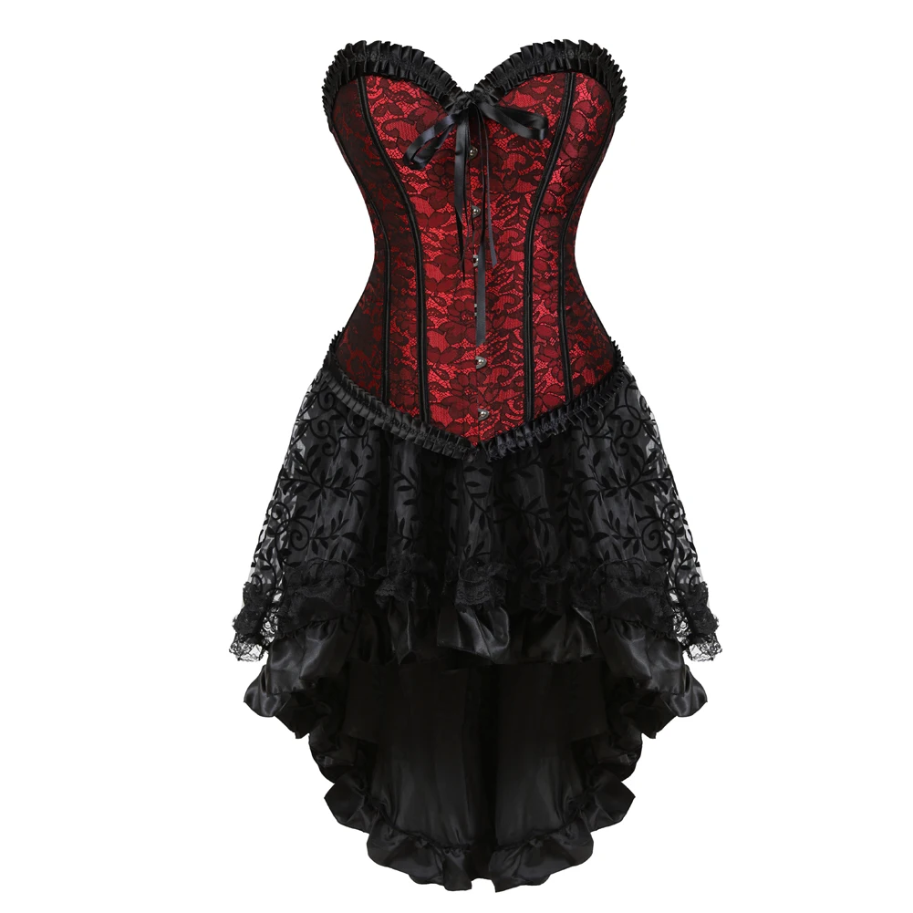 

Sexy Corset Dress Women Victorian Lace Floral Corset Bustier Top with Steampunk Asymmetrical Skirt Set Clubwear Plus Size S-6XL