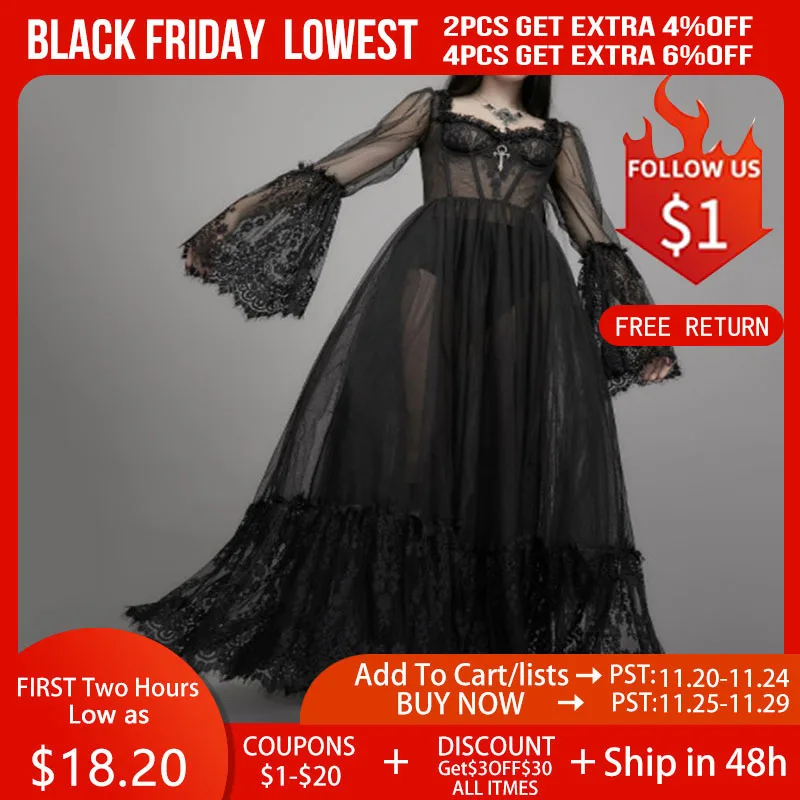 

Rosetic Sexy Mesh See Through Lace Long Dress Women Gothic Vintage Flared Sleeve Elegant Party Nightclub Maxi Dresses Black 2021