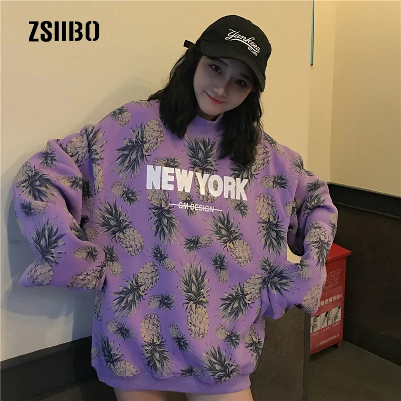 Женская зимняя Толстовка с принтом ананасов свободного покроя|Женские толстовки