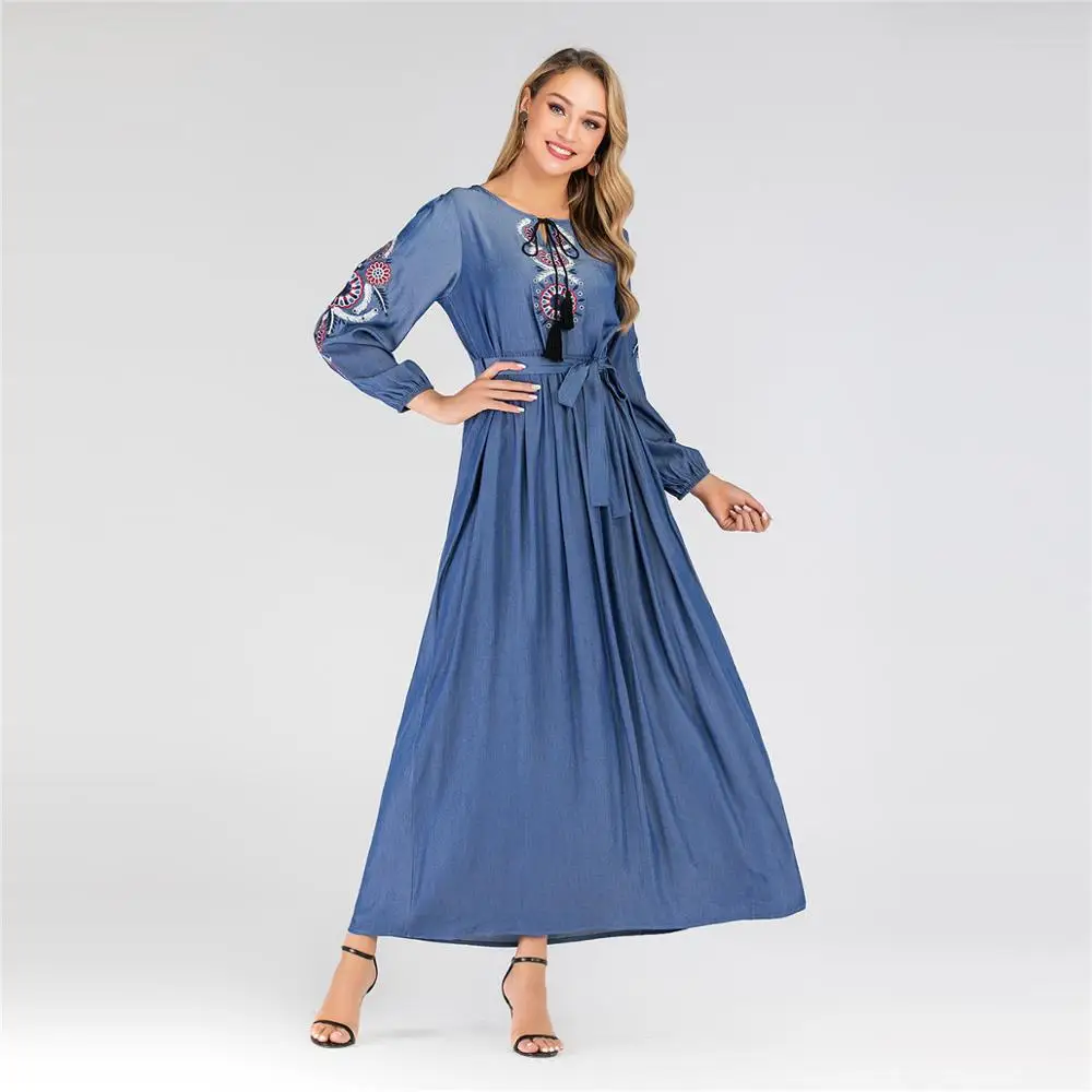 Джинсовое Абая платье Дубай для зимы и осени цветочный марокканский кафтан