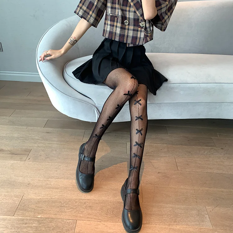 

Sweet and Craving Bow Tie Hot Girl Tiaodi Hollow Net Stockings Dark Black Jk Black Silk Stockings Pantyhose Women's Thin Style