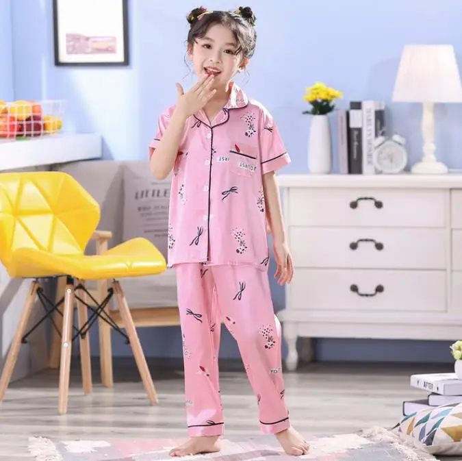 

Kids Pajamas Suit New Children Pajamas Sets Baby summer Sleeve Silk Girls Sleepwear Printing Boy Nightwear Clothing 3-14y
