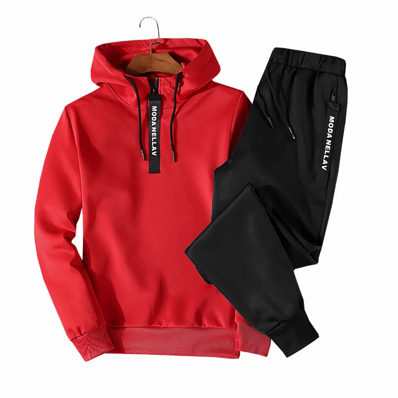 Patchwork Men's Sportswear Sets 2019 Autumn Winter Hooded Thick Male Casual Tracksuit Men 2 Piece Sweatshirt + Sweatpants Set | Мужская