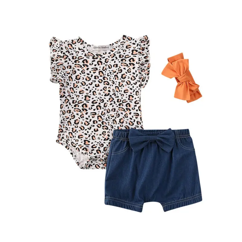 

Комплект одежды для новорожденных девочек 0-24 месяцев, леопардовый комбинезон с оборками на рукавах, топ и джинсовые шорты, летний наряд